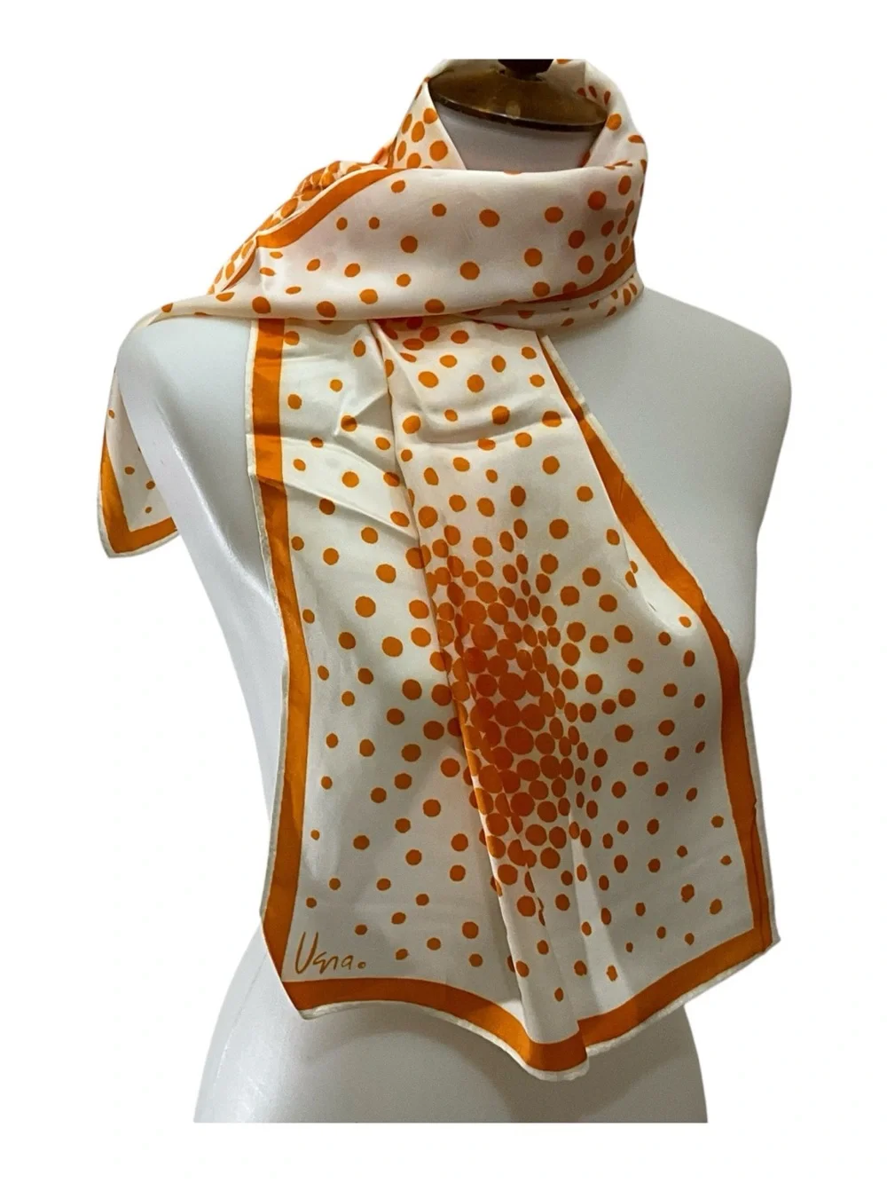 Vintage Vera Scarf Orange Ivory Polka Dot Acetate Long Oblong 42.5”